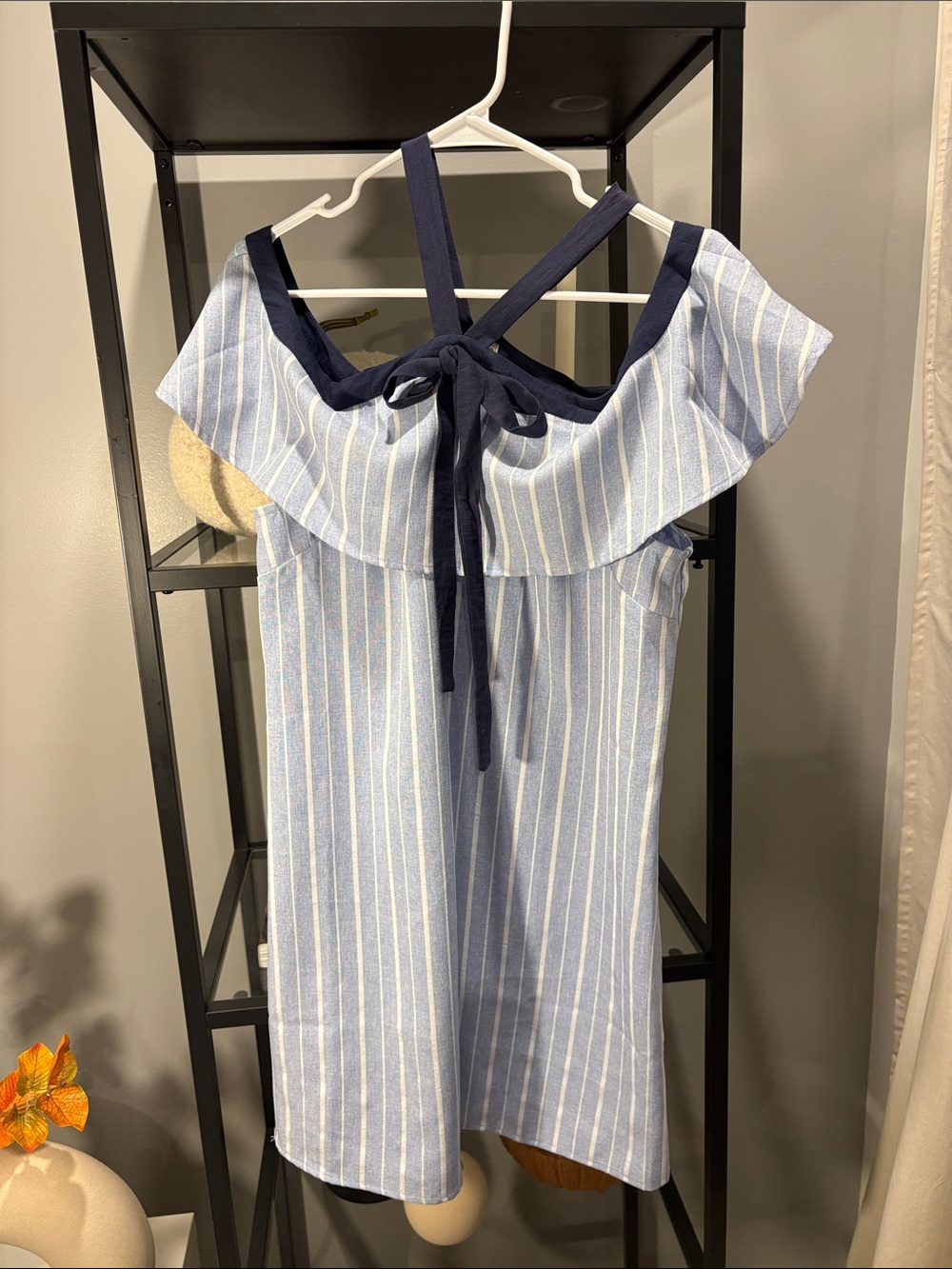 088 Charlotte Russe Light Blue & Navy Striped Off-Shoulder Dress